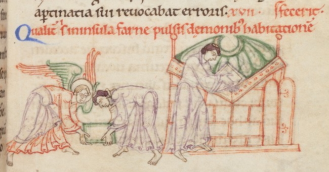 Of the habitation which he made for himself in the Island of Farne, when he had expelled the devils. © The Master and Fellows of University College, Oxford Of the habitation which he made for himself in the Island of Farne, when he had expelled the devils. © The Master and Fellows of University College, Oxford