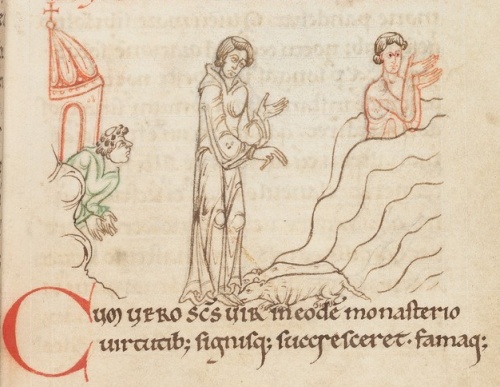 How Cuthbert passed the night in the sea, praying; and when he was come out, two animals of the sea did him reverence. © The Master and Fellows of University College, Oxford How Cuthbert passed the night in the sea, praying; and when he was come out, two animals of the sea did him reverence. © The Master and Fellows of University College, Oxford